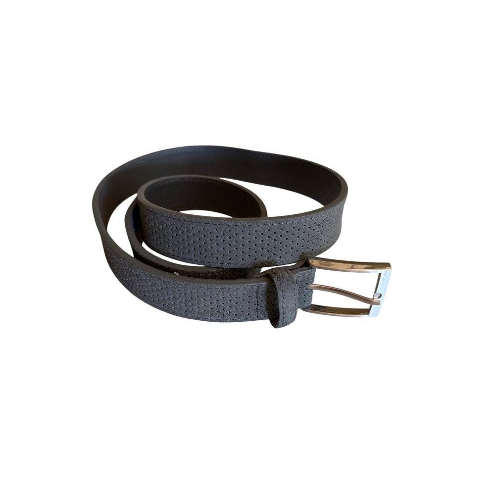 PX Belt Grey Perforated Leather 1BT3047M Brushed Silver Buckle Contemporary